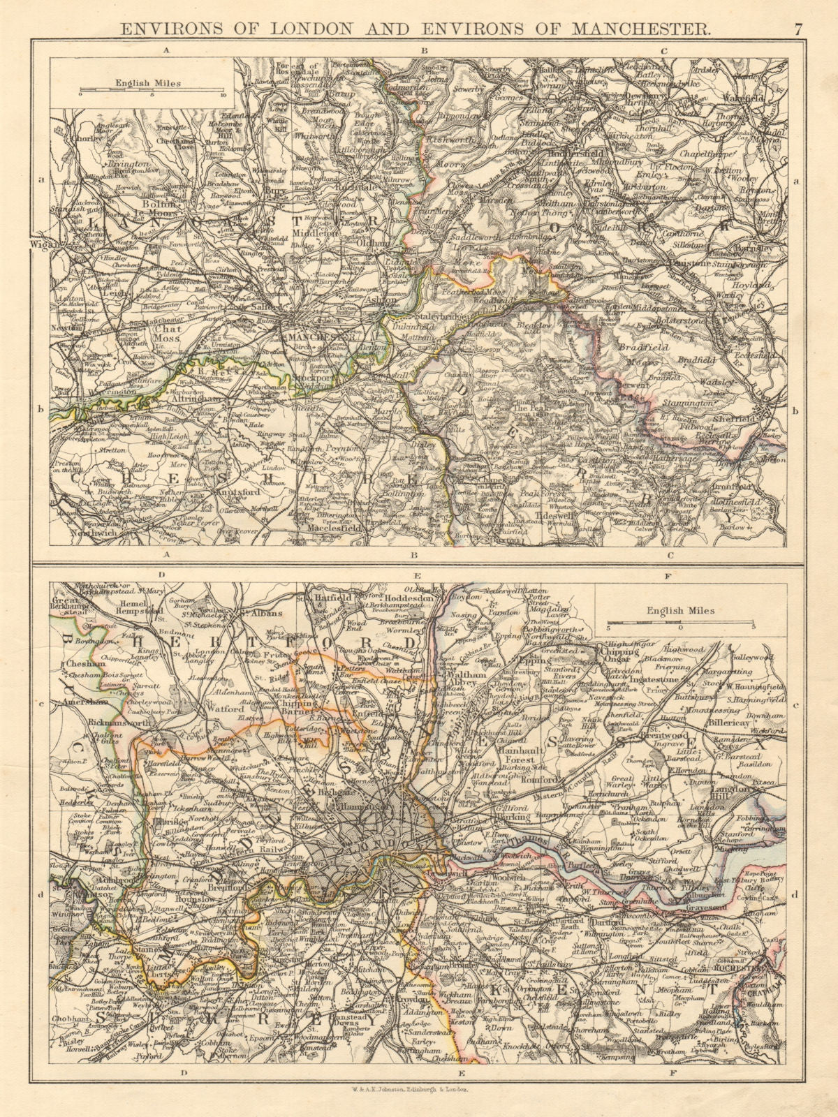 LONDON & MANCHESTER Environs Lancs Cheshire Middx Surrey JOHNSTON 1892 old map